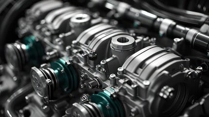 close-up of a car engine, exhibiting the complexity and precision of automotive machinery It showcases the intricate components and engineering excellence - obrazy, fototapety, plakaty