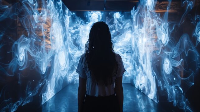 A woman stands in front of a blue wall with smoke. The smoke is swirling and the woman is looking at it. Scene is mysterious and surreal, as the smoke seems to be alive and moving on its own