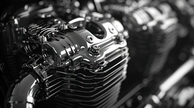 monochrome image captures the intricate components of a motorcycle engine, showcasing its mechanical beauty