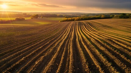 Cultivated land in a rural landscape at sunset - obrazy, fototapety, plakaty