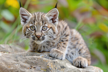 Naklejka na ściany i meble A curious bobcat kitten with big, tufted ears and a playful expression