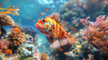A fish with orange and blue stripes swims in a coral reef. The fish is surrounded by other fish and coral, creating a vibrant and lively underwater scene