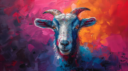  A goat painted with colors such as red, yellow, blue, and pink on its face is depicted in the artwork