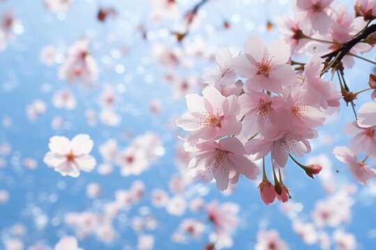 scenic view of falling cherry blossom - Amazing pink cherry blossoms on the Sakura tree in a blue sky.