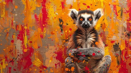  A lemur sits against an orange-yellow splattered backdrop in the painting - obrazy, fototapety, plakaty