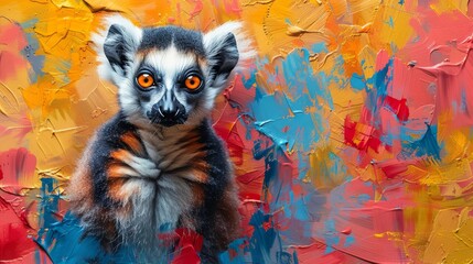  Close-up portrait of a lemur, featuring orange eyes and contrasting black and white fur