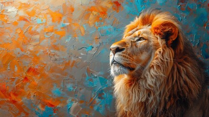  A close-up of a lion in front of a vibrant abstract painting of blue, orange, yellow, and white