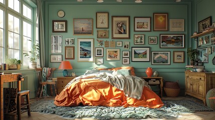 Close-up perspective of a gallery wall filled with photographs, artwork, and cherished mement - obrazy, fototapety, plakaty