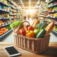 A basket of vegetables is displayed in a grocery store. Ai generated.
