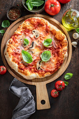 Hot Capricciosa pizza made of healthy ingredients. Poster for Restaurant.