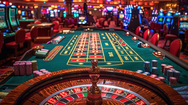 A bustling casino floor filled with colorful slot machines, lively card tables, and enthusiastic