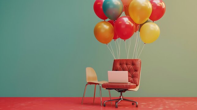 completion of online training a laptop next to which a chair flies away on balloons