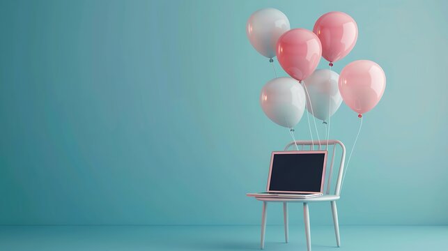 completion of online training a laptop next to which a chair flies away on balloons