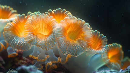  A macro shot of several orange-white sea anemones surrounding coral, with water bubble background