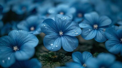  A cluster of blue blossoms surrounded by droplets of water and a central emerald foliage