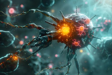 Augmented Immune Cell Confronting Malignant Tumor in Microscopic Battlefield - obrazy, fototapety, plakaty