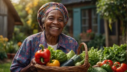 elderly woman with a basket of vegetables in the garden - Powered by Adobe