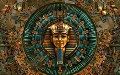 stylized representation of an Ancient Egyptian theme, featuring a Pharaoh's mask centerpiece