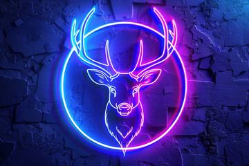 Illustration of a deer head logo, neon backdrop.