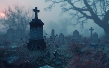 An evocative image capturing the quiet solitude of a cemetery enveloped in mist, with dusk approaching, casting a mysterious ambiance