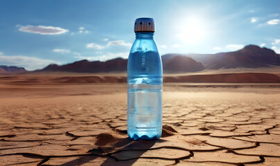 A bottle of water on the sand in the middle of a hot desert.