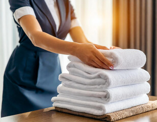 woman hand professional chambermaid putting stack of  white fresh towels in hotel room