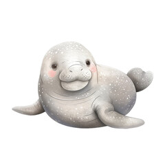 Gentle manatee lying down with a friendly face and soft gray coloring sprinkled with light spots
