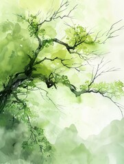 This image features an abstract watercolor painting showcasing the delicate branches and leaves of a tree against a watercolor wash