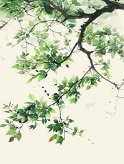 This serene image captures the delicate beauty of green leaves on branches, painted in a watercolor style, conveying a sense of peace and natural elegance