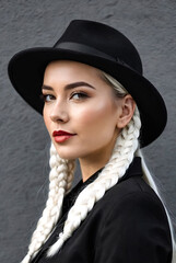 Portrait young woman model with white braids at wall background wearing black stylish clothes and hat, looking away. Lifestyle portrait lady outdoors. Fashion style vogue concept. Copy text space