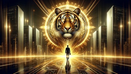 A man stands in front of a large tiger. The tiger is surrounded by a golden circle. The man is wearing a black suit. The image has a futuristic and mysterious vibe