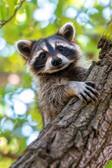 A mischievous raccoon kit with a masked face and a playful grin
