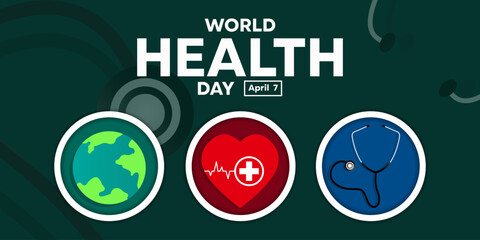 World Health Day. Earth, heart and stethoscope. Great for cards, banners, posters, social media and more. Green background. 