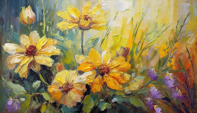 Oil painting of spring flowers in yellow colors. Bright botanical art. Beautiful and creative postcard.