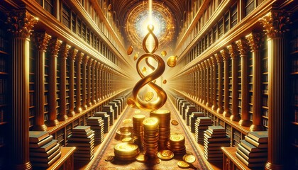 he symbolic representation of wealth and prosperity within the grand library setting, now incorporating a gold coins. The room is filled with a sense of wealth and abundance