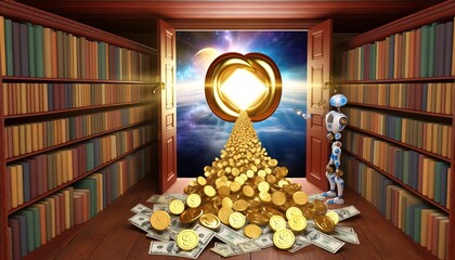 A robot is standing in front of a pile of gold coins and money. The robot is surrounded by books, and the scene appears to be from a library. Scene is one of wealth and abundance