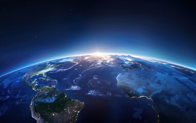 Fototapeta na wymiar The image captures the breathtaking view of our planet as the sun rises over the horizon, highlighting the beauty and vastness of Earth from a space perspective