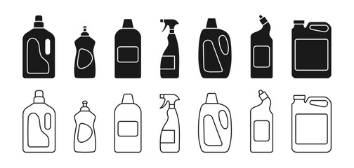 Bottles icons of cleaning products. Household chemicals silhouettes. Vector