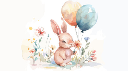 Watercolor Illustration Rabbit and flower bouquet b