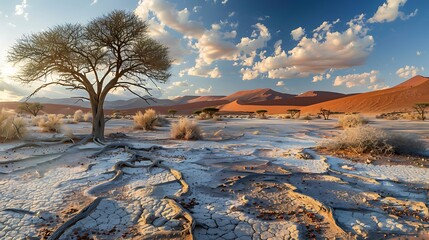 Desert landscape with cracked mud acacia trees and red sand dunes sossusvlei