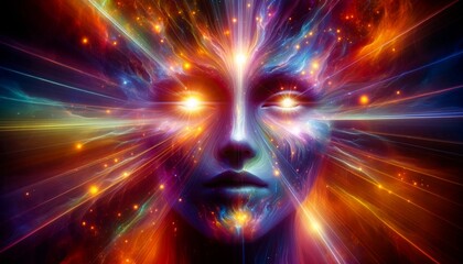 A colorful face with glowing eyes and a glowing body. The face is surrounded by a colorful explosion of light and energy