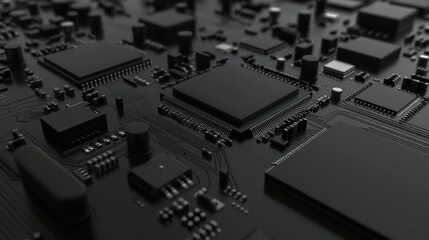 This image captures the intricate details of a sleek black electronic circuit board with a central processing unit and various electronic components