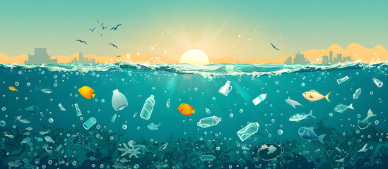 Infographics on banning plastic pollution in the sea and breaking the plastic cycle in water, promoting environmental conservation and sustainable practices. - obrazy, fototapety, plakaty