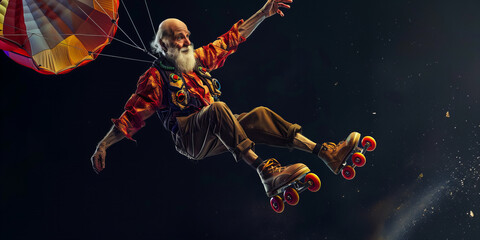 Eccentric Elderly Man Skydiving with Roller Skates Adventure Banner