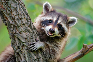 A mischievous raccoon kit with a masked face and a playful grin - obrazy, fototapety, plakaty