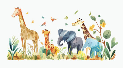 Watercolor Illustration Safari Animal banner background - obrazy, fototapety, plakaty