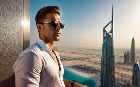 Portrait of young guy in sunglasses on skyscraper balcony with view of Dubai UAE, pensive looking away. Thoughtful male posing on terrace of tower block. Rest and leisure activity. Copy ad text space