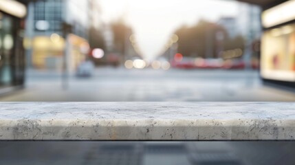 Stone table top with copy space. Bus stop background