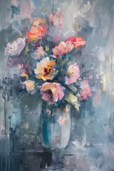 A vibrant and expressive oil painting showcasing a bouquet of flowers in a blend of vivid and pastel colors, evoking emotions and imagination