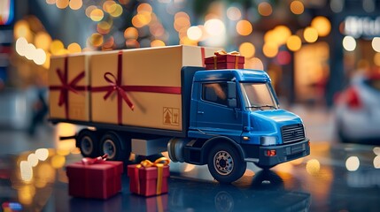 Delivery truck with Gift Boxes present surprise online shopping concept background - obrazy, fototapety, plakaty